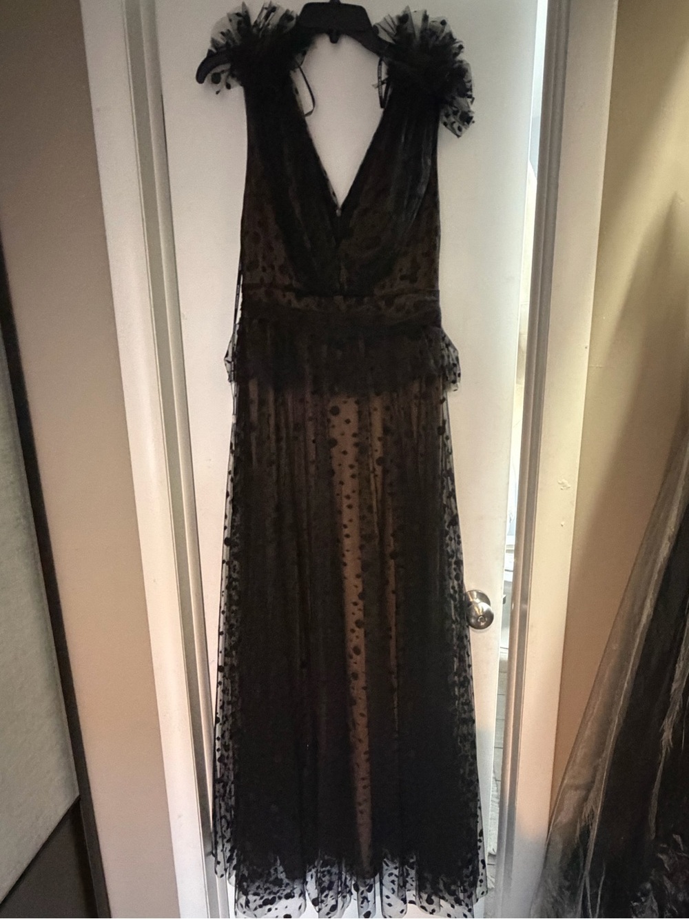 Tadashi Shoji Black Polka Dot Tulle Maxi Dress